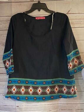 Almost Pink Boho Tribal Print Blouse Black 3/4 Sleeve Top Medium USA Made